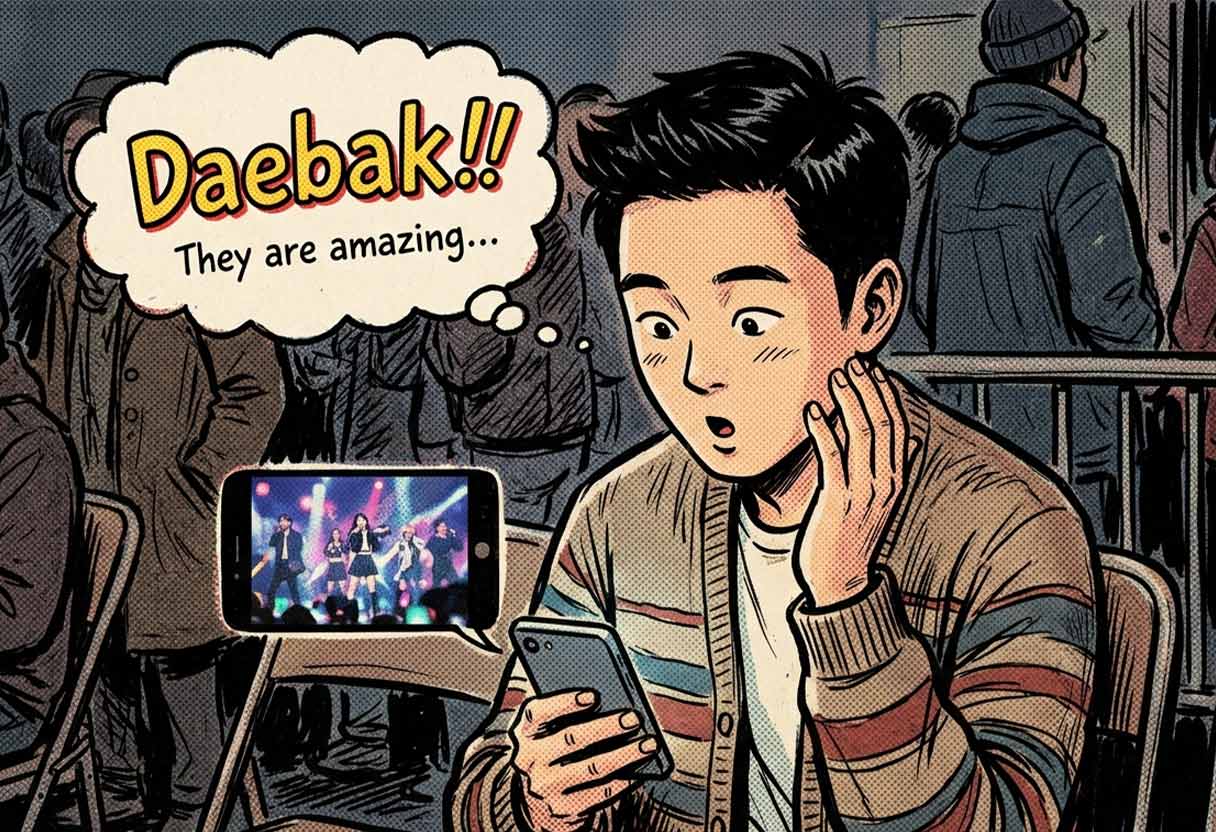 Person watching a performance on phone and reacting quietly with surprise